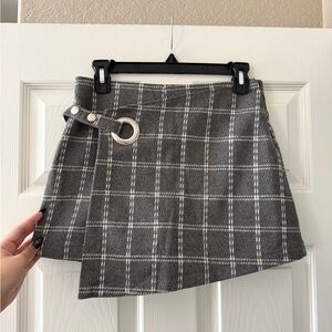 Wool Blend Grey and White Plaid Skort Wrap Mini Skirt